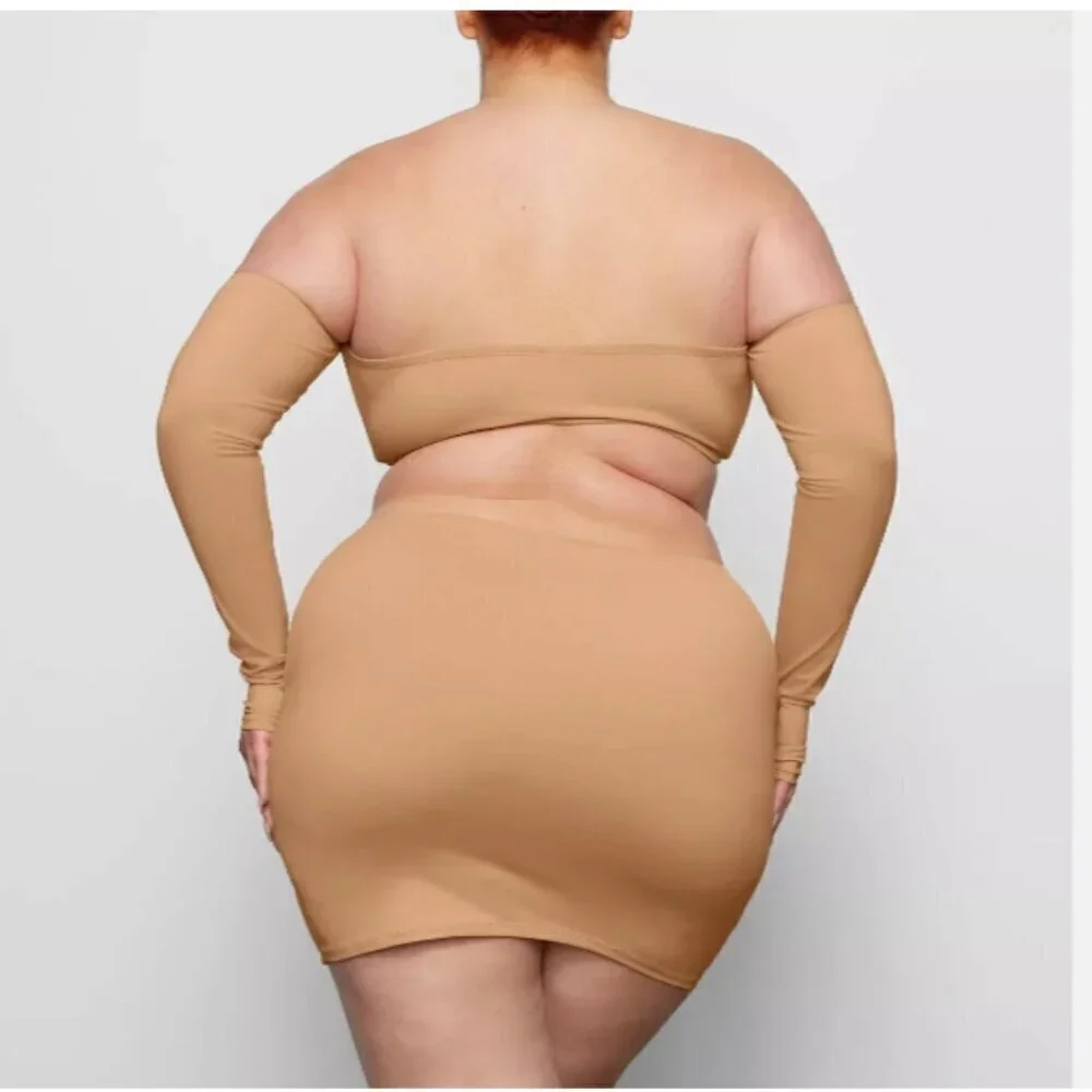 NWT SKIM Sexy Ruched Mini Skirt Cover-up Tight Fitting Almond Brown Size 2XL XXL